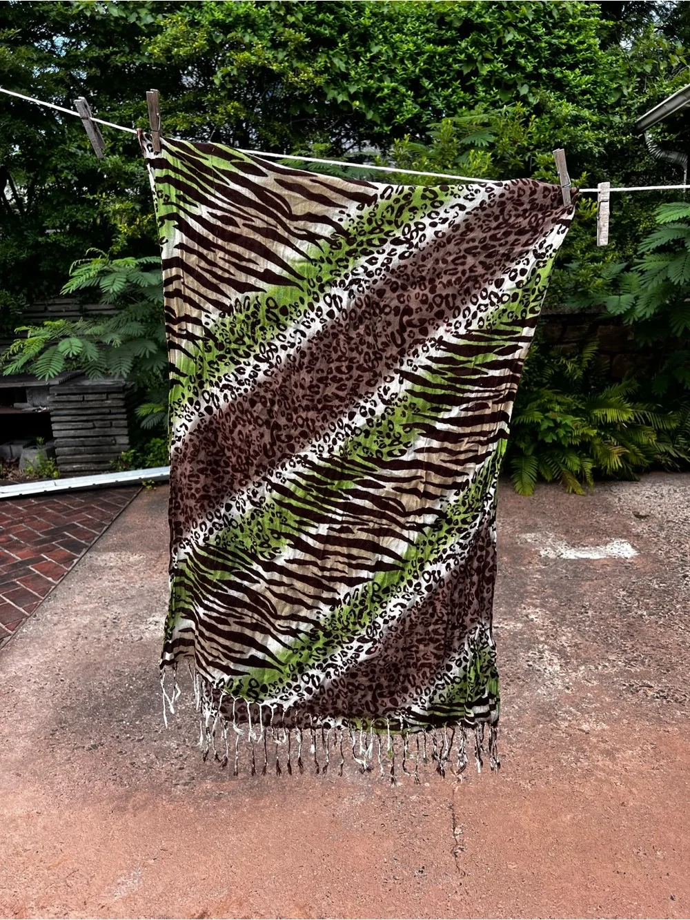 Animal Print Tassel Scarf - Brown & Green